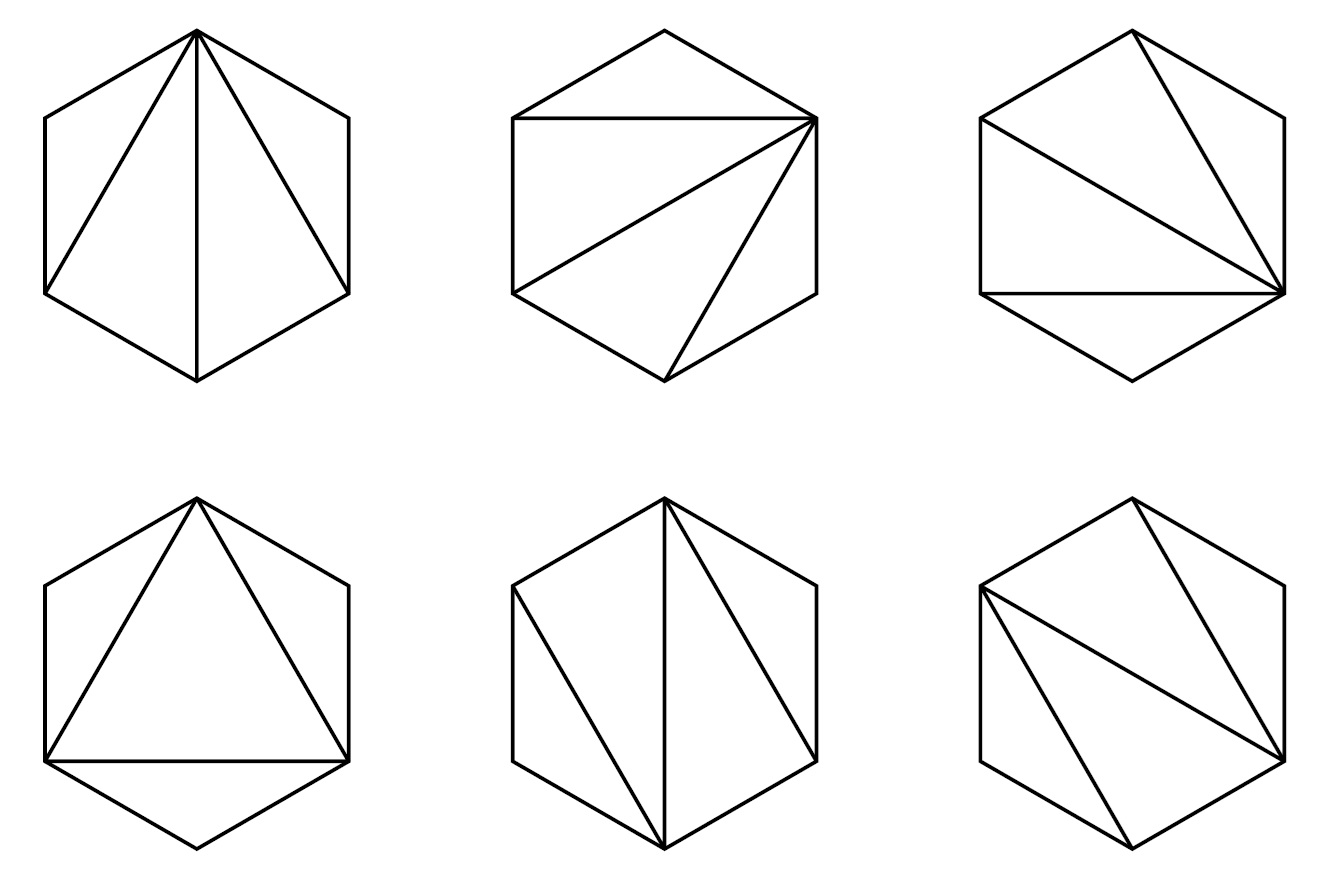 six of fourteen distinct triangulations of a hexagon